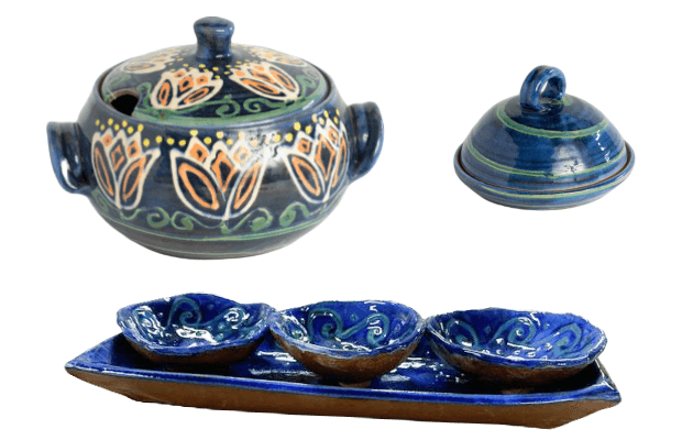 A collection of colorful pottery dishes