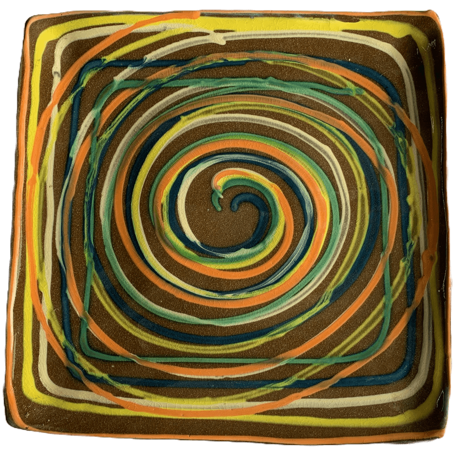 Beige background, many colorful swirls.