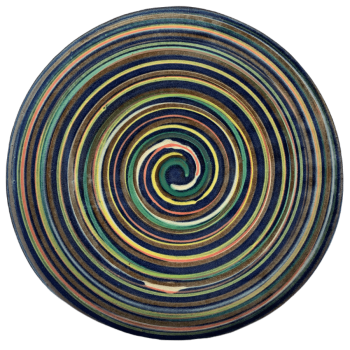 Round pottery design with blue background, many colors of swirls.