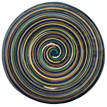 Round pottery design with blue background, many colors of swirls.