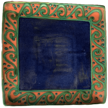 Square pottery design with blue centre, watermelon outer band with green waves.