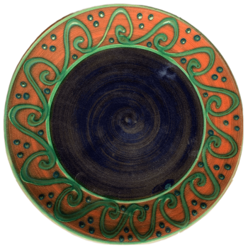 Round ceramic pottery design with blue centre, watermelon outer band with green waves.