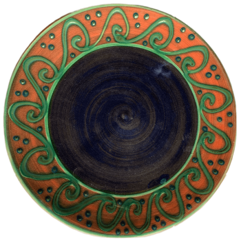 Round ceramic pottery design with blue centre, watermelon outer band with green waves.