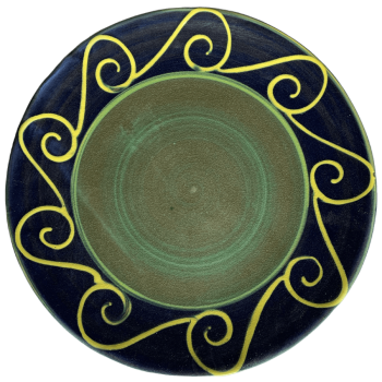 Ceramic pottery design with green centre, blue outer band with yellow waves.
