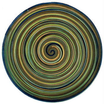 Round pottery design with green background with many colors of swirls.