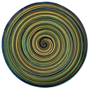 Round pottery design with green background with many colors of swirls.