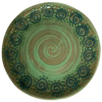 Pottery design with green background, turquoise squirls, green dots.
