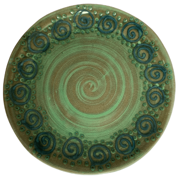 Pottery design with green background, turquoise squirls, green dots.