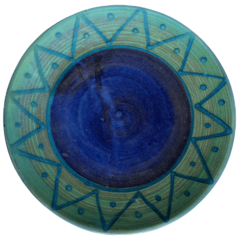 Pottery design with blue centre, green outer band with turquoise sunburst.