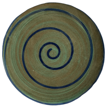 Pottery design with green background, blue swirls.