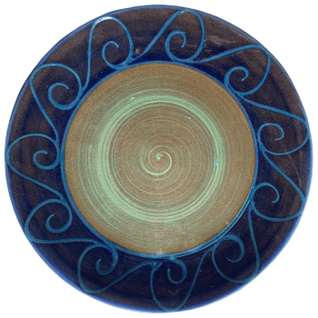 Pottery design with green centre, blue outer band with turquoise wave.