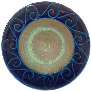 Pottery design with green centre, blue outer band with turquoise wave.