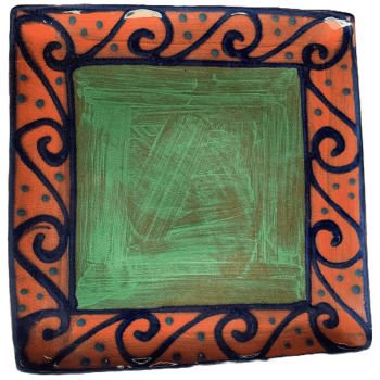 Square pottery design with green centre, watermelon outer band with blue waves.