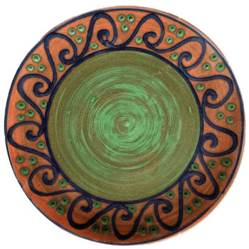 Round pottery pattern with green centre, watermelon outer band with blue waves.