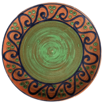 Round pottery pattern with green centre, watermelon outer band with blue waves.