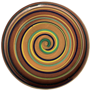 Round pottery design with orange and watermelon bands with lots of swirl colors.