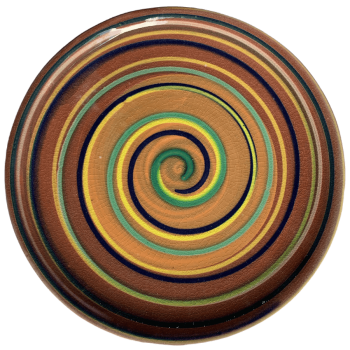 Round pottery design with orange and watermelon bands with lots of swirl colors.