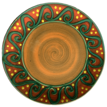 Round pottery design - peach centre, watermelon outer band with green waves.
