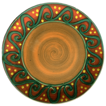 Round pottery design - peach centre, watermelon outer band with green waves.