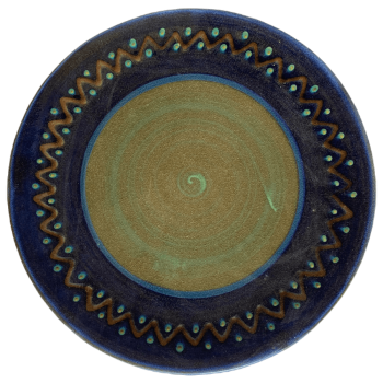 Pottery design with blue background, brown zig zags.