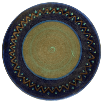 Pottery design with blue background, brown zig zags.