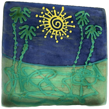 Square pottery design with spiky sun and palm tree pattern.
