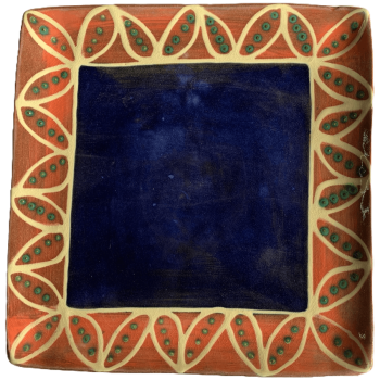Square pottery design with blue inner band, watermelon outer band with white pods and green seeds.