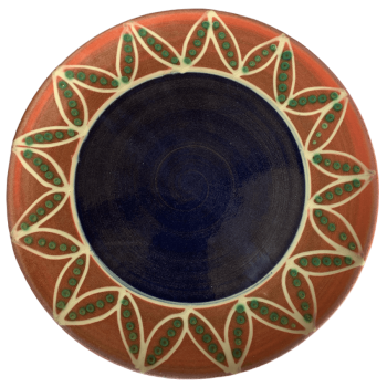 Round pottery pattern with blue inner band, watermelon outer band with white pods and green seeds.