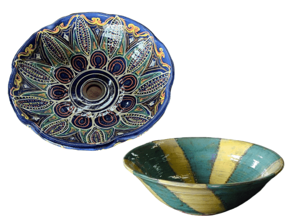 Examples of custom pottery: Green and yellow bowl, and colorful large bowl.