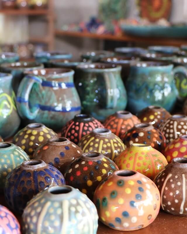 Colorful ceramics at Earthworks Pottery